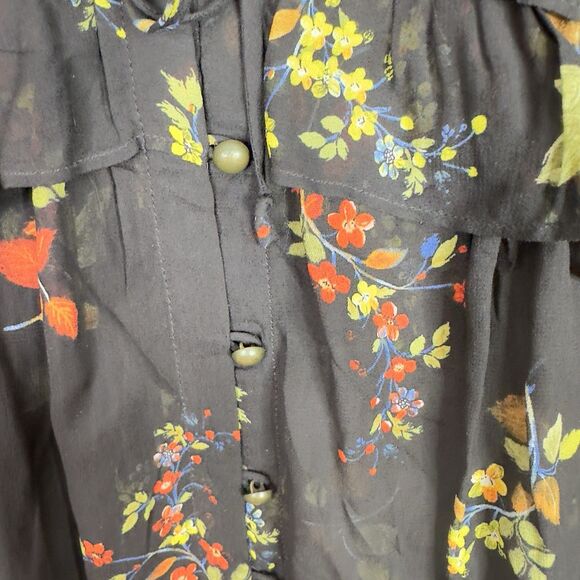 Anthropologie Jamison Tunic Top Small Black Floral Ruffle Semi Sheer Boho - Picture 5 of 12
